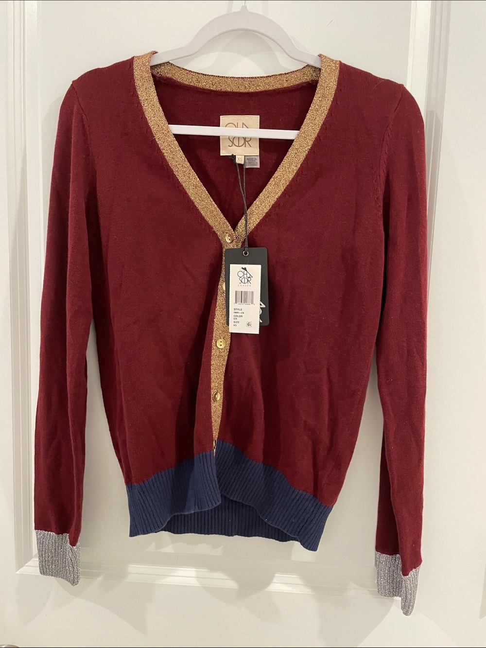Chaser Burgundy V-Neck Cardigan with Gold Trim and Navy Hem